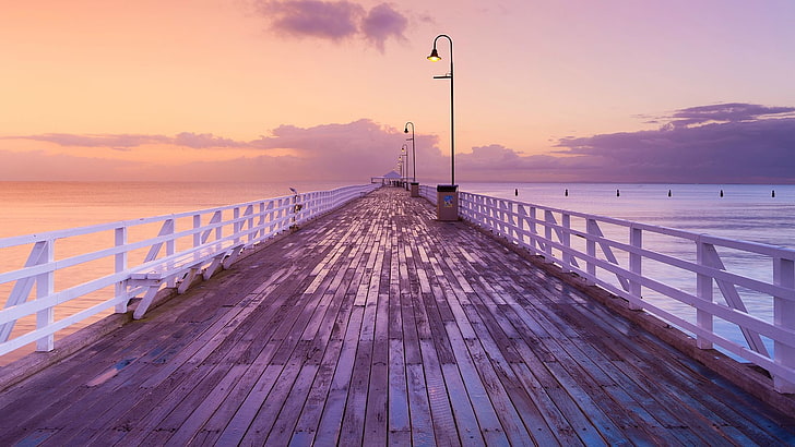 dock, Australia, pier, sea, sunrise, horizon, sky, water, sunset, HD wallpaper
