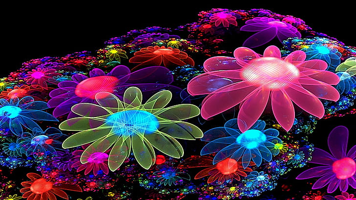 glow, colorful, flowers, shining, shine, glowing, digital art