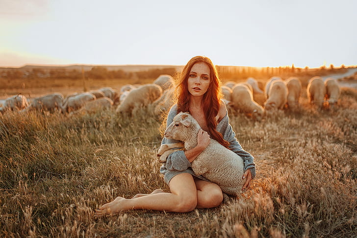 Evgeny Freyer, women, sheep, barefoot, women outdoors, model, HD wallpaper