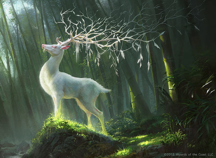 artwork, deer, drawing, fantasy art, forest, illustration, digital art, HD wallpaper