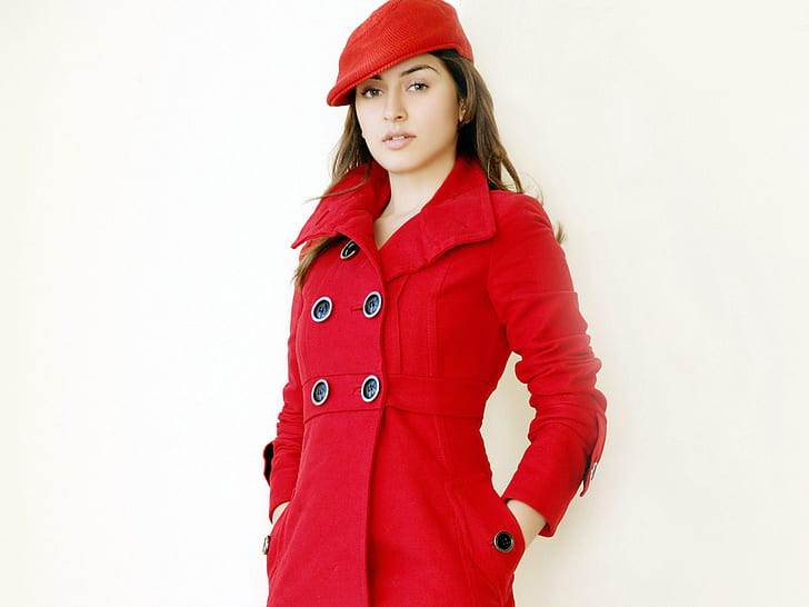 Hansika motwani HD, red trench coat, HD wallpaper