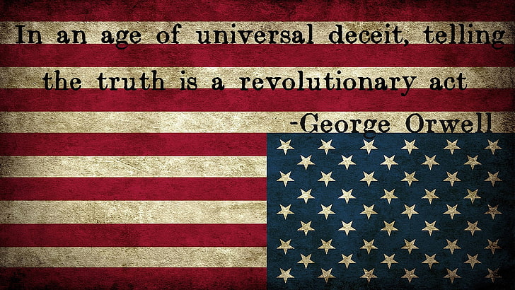 USA flag with text overlay, stars, america, george orwell, upside down