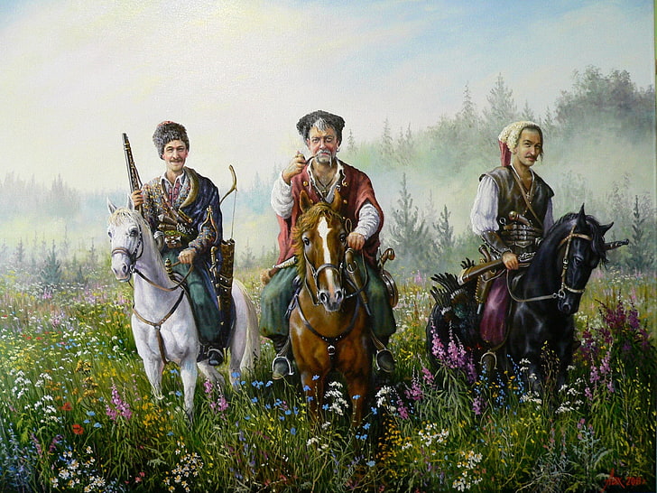 three men riding on horses painting, smile, art, Cossacks, Andrey Lyakh