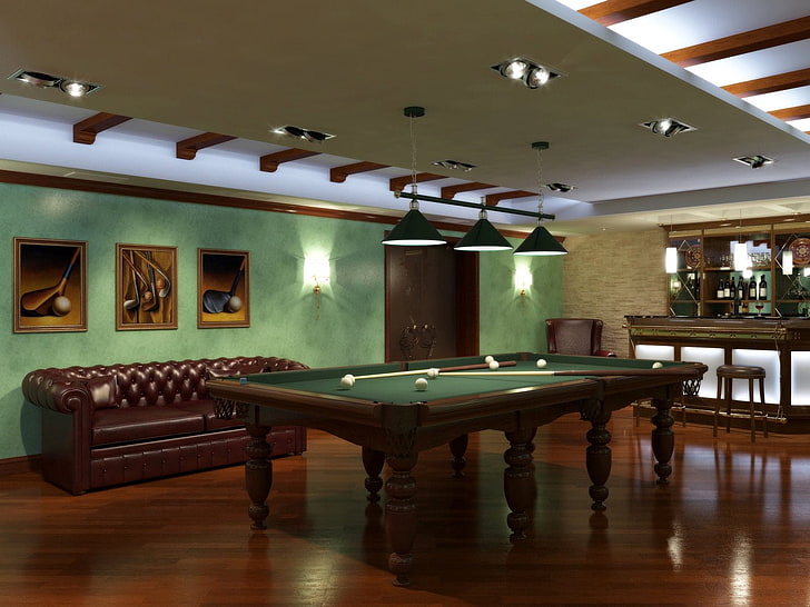 brown and green billiard table, billiards, room, game, pool Game