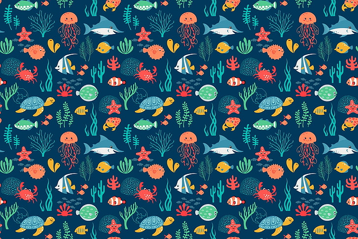 variety of fish illustration, turtle, jellyfish, art, texture, HD wallpaper