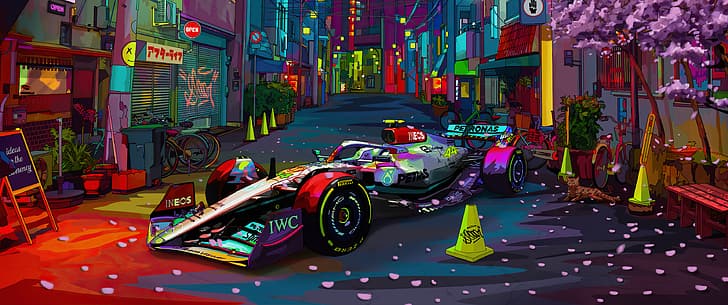 digital art, Sci-fi cyber, Formula 1, formula cars, Mercedes AMG Petronas, HD wallpaper