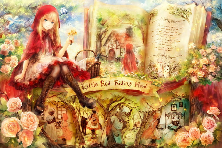 anime, skirt, Little Red Riding Hood, fairy tale, books, rose, HD wallpaper