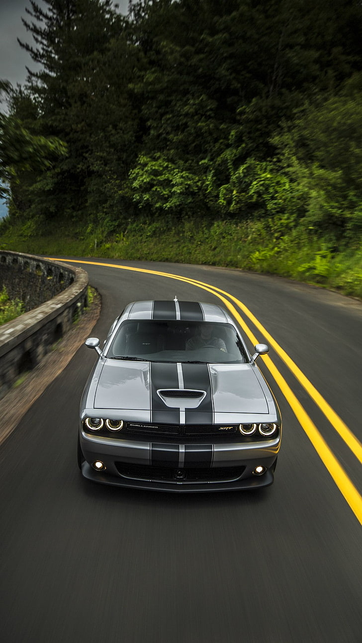 Dodge Challenger SRT 392 2015, silver and black Dodge Challenger coupe with double racing stripes