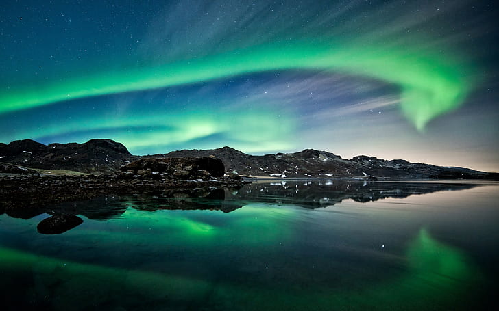 nature, landscape, aurorae, night, reflection, water, Iceland, HD wallpaper