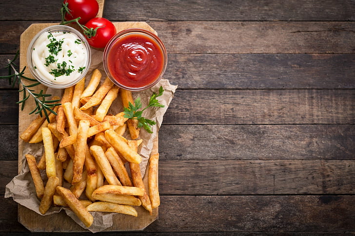fries tomatoes food, food and drink, wood - material, vegetable, HD wallpaper