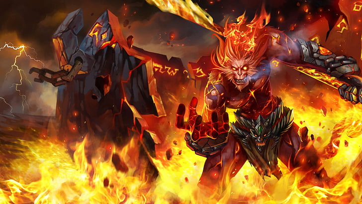 Monkey king wallpaper, League of Legends, Wukong, fire, burning