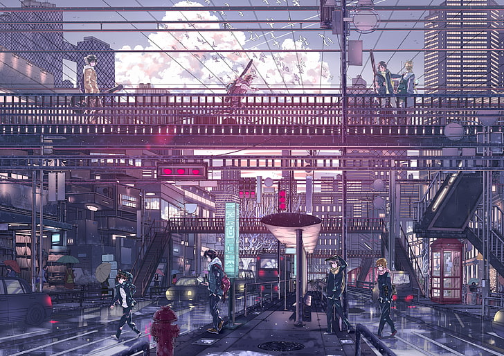 painting of bridge, anime, city, Japan, car, rain, phone, trees
