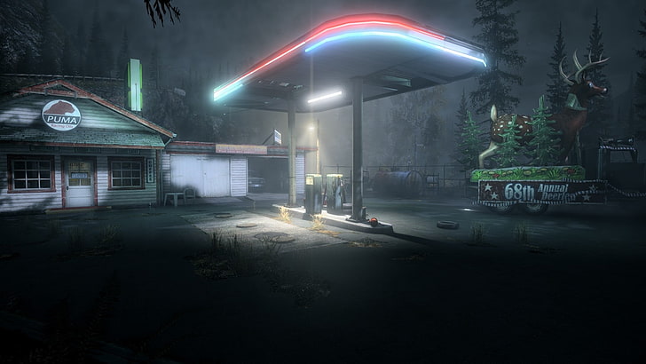 gray gas station, Alan Wake, video games, night, illuminated