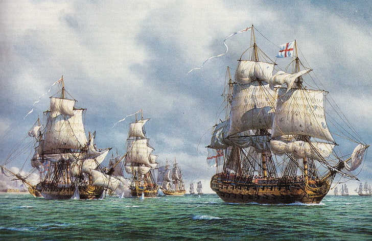 group of galleons painting, oil, picture, bursts, battle, sails, HD wallpaper