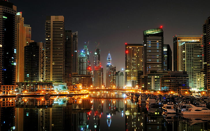 Dubai, city, night, port, boats, yachts, lights, buildings, HD wallpaper