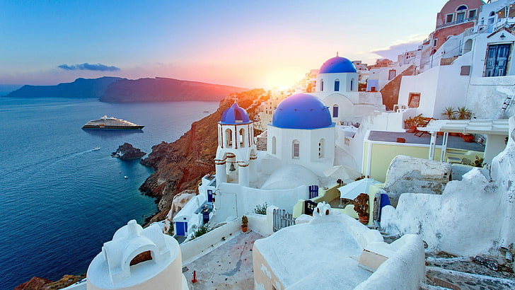 tourism, sea, sky, vacation, thira, greece, leisure, oia, travel, HD wallpaper