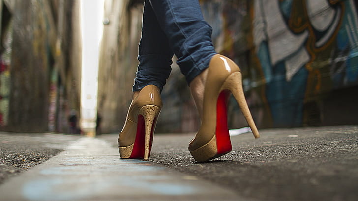 worms eye view  Louboutin  high heels  urban  blurred  pumps  women  jeans