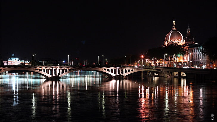 gray bridge, Lyon, France, photography, night, colorful, lights