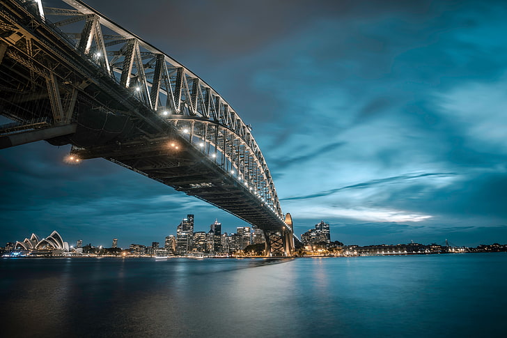 gray concrete bridge, city, water, city lights, clouds, Sydney, HD wallpaper