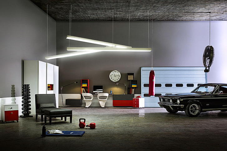 black Ford Mustang coupe, machine, design, sport, interior, garage