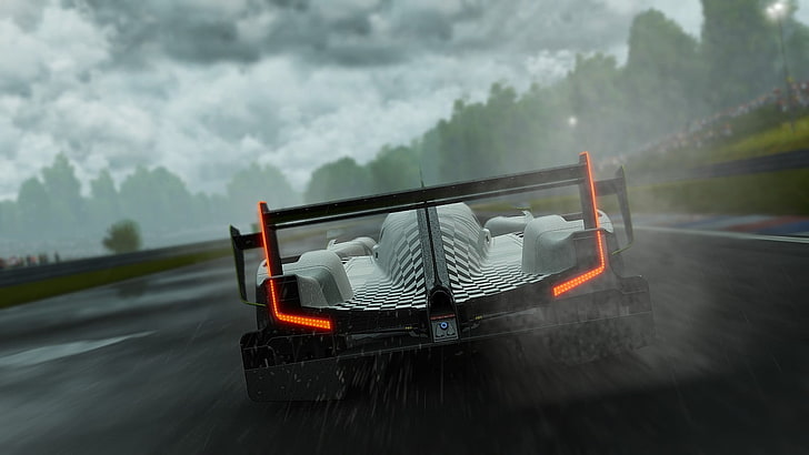 white and black race car videogame screenshot, digital art, tail light