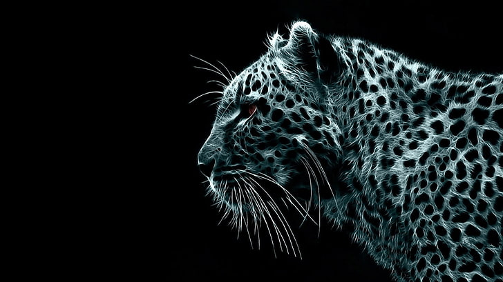 leopard, black background, Fractalius, animals, digital art, HD wallpaper