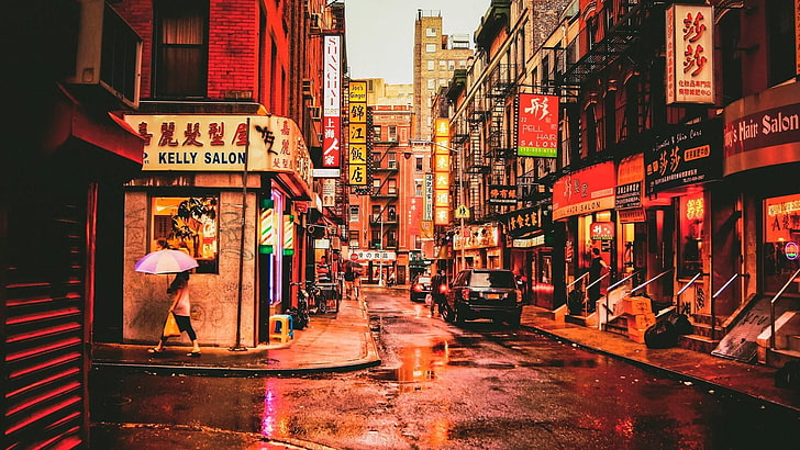 neighbourhood, new york, united states, rainy day, wet, road, HD wallpaper