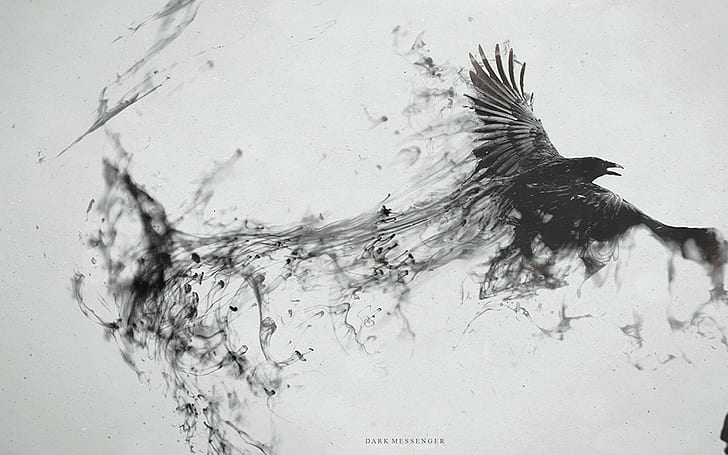 photo manipulation, monochrome, artwork, raven, animals, birds