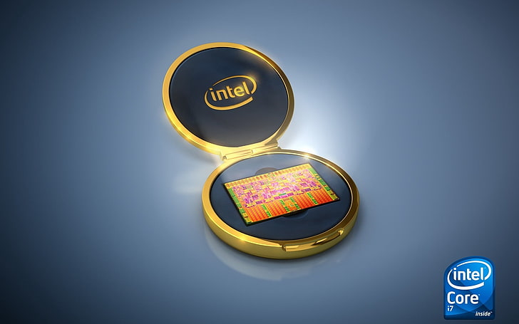 gold Intel Core i7 wallpaper, processors, logo, symbol, success