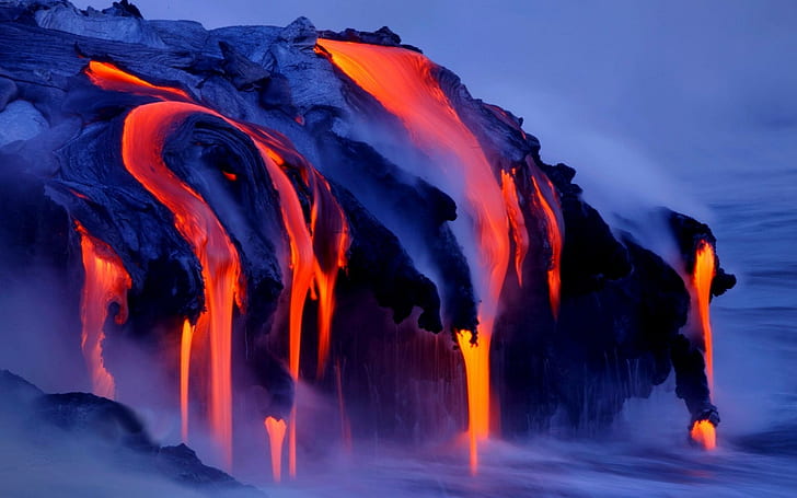 nature landscape volcano lava smoke water sea long exposure volcanic eruption, HD wallpaper