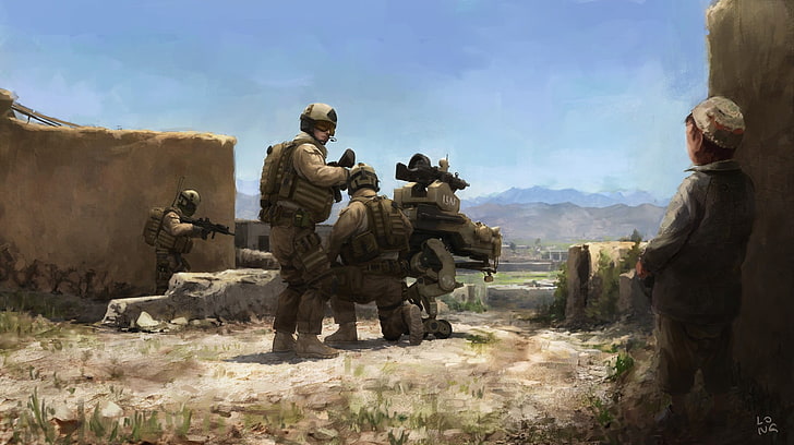 boy watching soldiers with turret painting, military, war, digital art, HD wallpaper