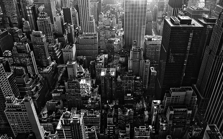 high-angle photo of cityscape, urban, architecture, monochrome