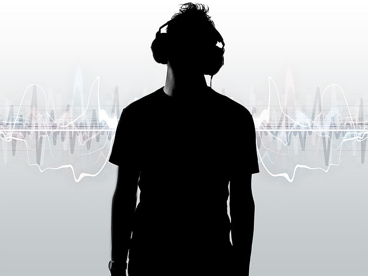 silhouette, DJ, headphones, one person, standing, rear view