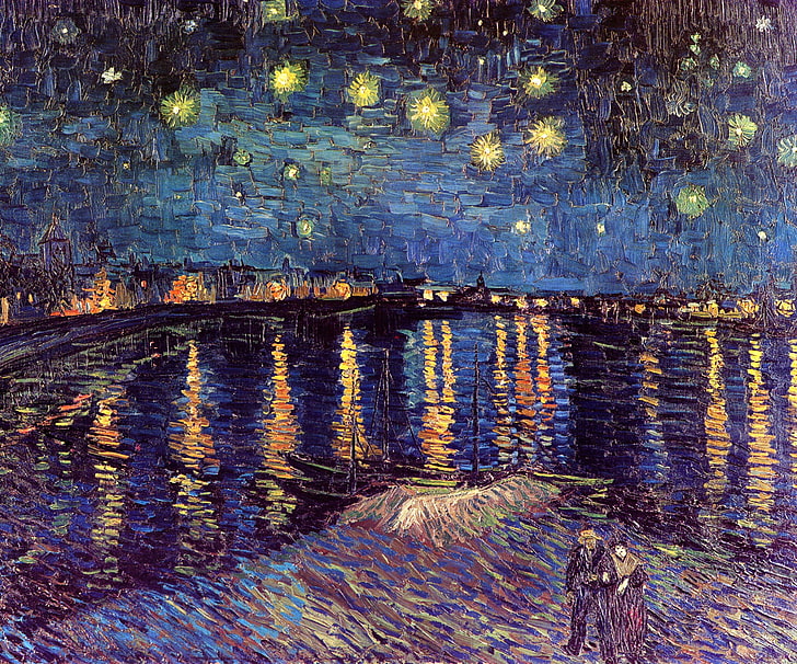 night, river, boats, lights, pair, Vincent van Gogh, Starry Night
