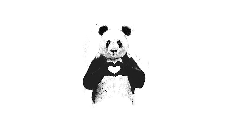 panda bear on heart hand sign graphics, bears, artwork, mammal, HD wallpaper