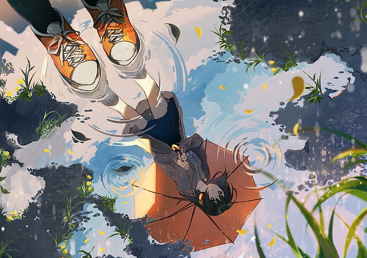 HD wallpaper: rain, reflection, anime, umbrella, shoes, women, digital art  | Wallpaper Flare