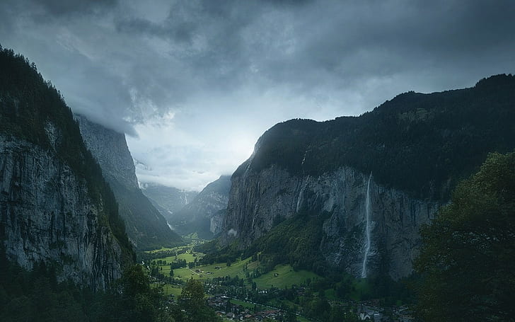 Nature, Landscape, Switzerland, Village, Waterfall, Valley, Mountain, Morning, Mist, Forest, HD wallpaper