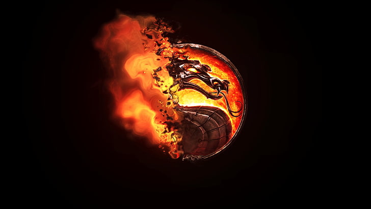 brown dragon logo, Mortal Kombat, burning, black background, copy space, HD wallpaper