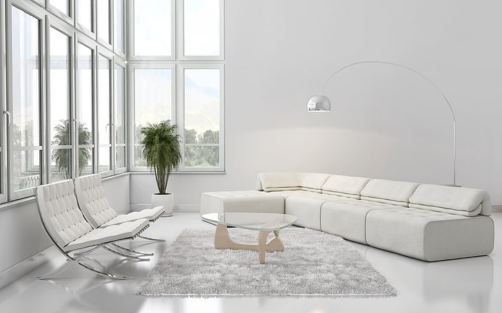 white leather sectional sofa, furniture, style, interior, indoors, HD wallpaper