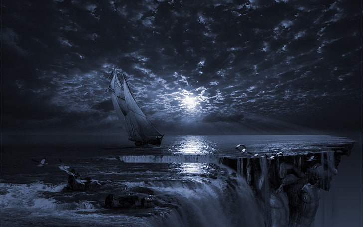 scenery of boat sailing, abstract, sailing ship, moon rays, water, HD wallpaper
