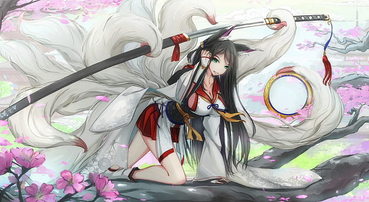 kitsunemimi, cherry blossom, katana, original characters, fox girl, HD wallpaper