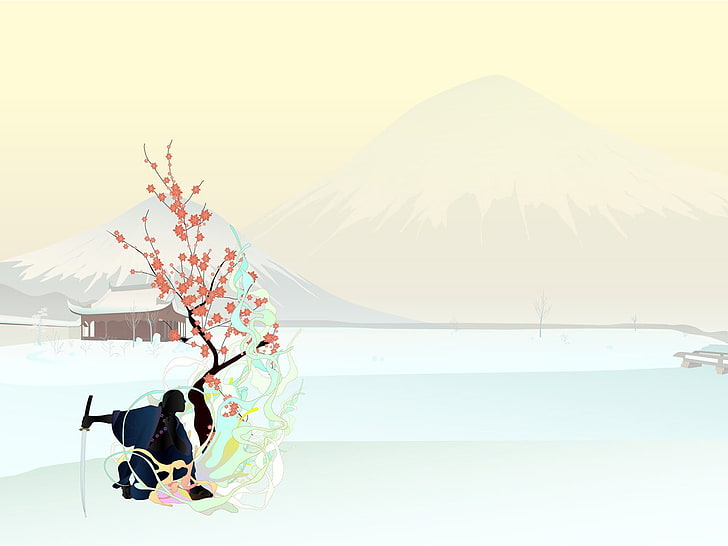 cherry blossoms artwork, simple background, Japan, samurai, katana