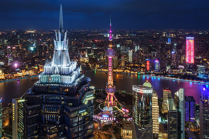 Cities, Shanghai, Building, China, City, Night, Skyscraper, HD wallpaper