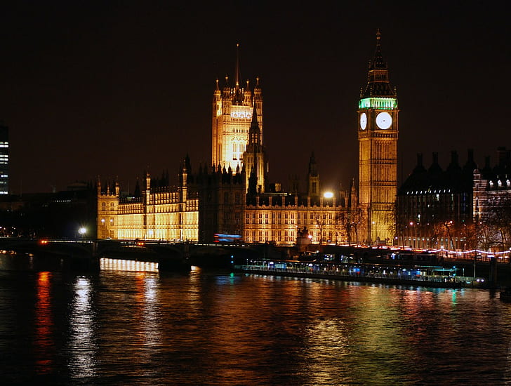 London, Big Ben, River Thames, night, city, clocktowers, HD wallpaper