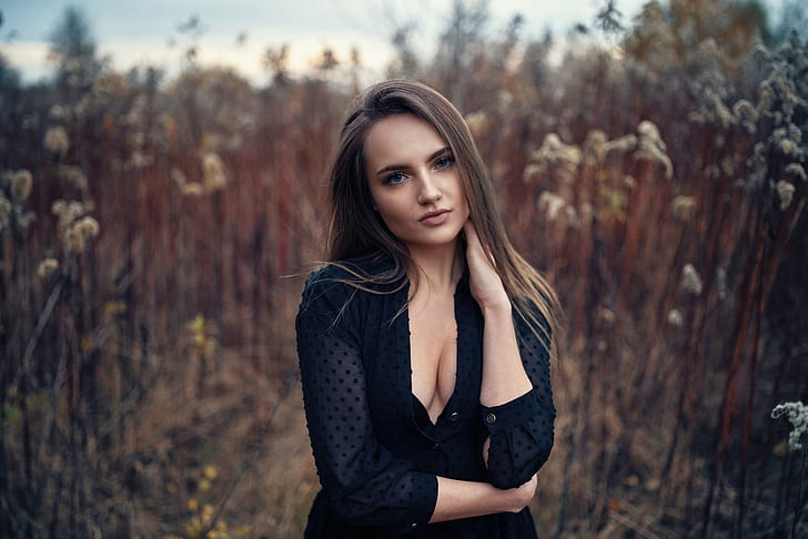 women, portrait, blue eyes, women outdoors, cleavage, looking at viewer