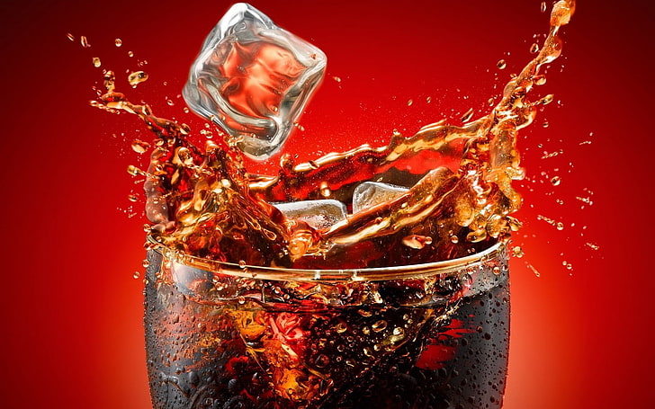 Coca-Cola pilsner glass, squirt, splash, drink, splashing, liquid, HD wallpaper