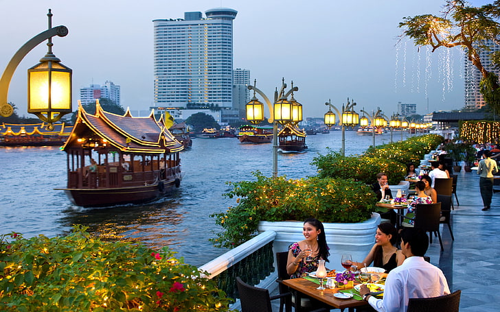 Oriental Bangkok city in Thailand-dinner-Riverside Terrace restaurant on the seashore-Lanterns-boats-promenade-HD-Desktop Wallpaper HD-3840×2400, HD wallpaper