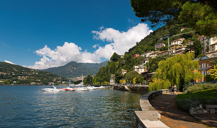 white boat, Marina, Italy, boats, promenade, Lombardy, Como, Lake Como, HD wallpaper