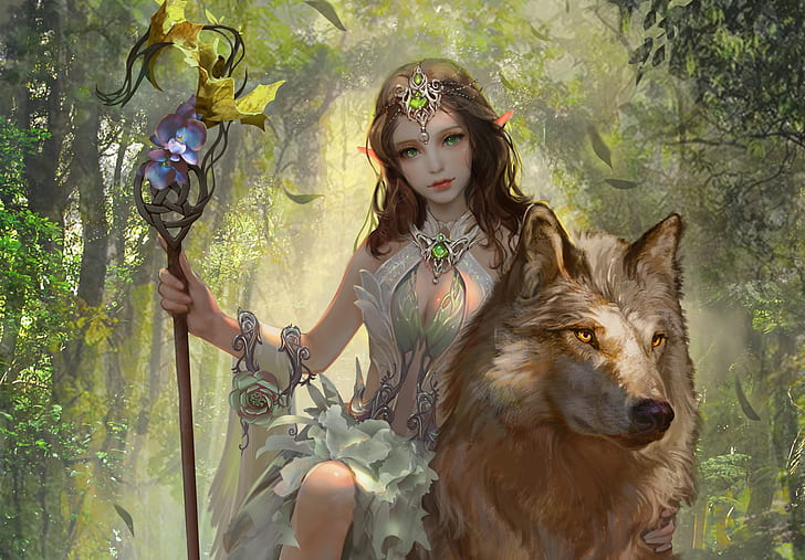 digital art, women, wolf, nature, fantasy art, elven, princess