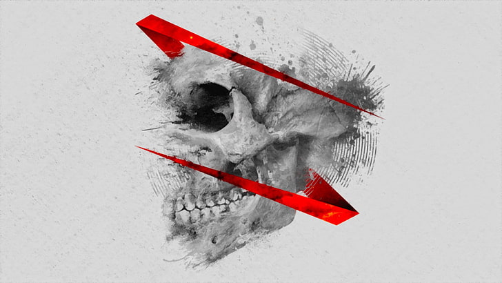 gray skull 3D wallpaper, music, artwork, selective coloring, red